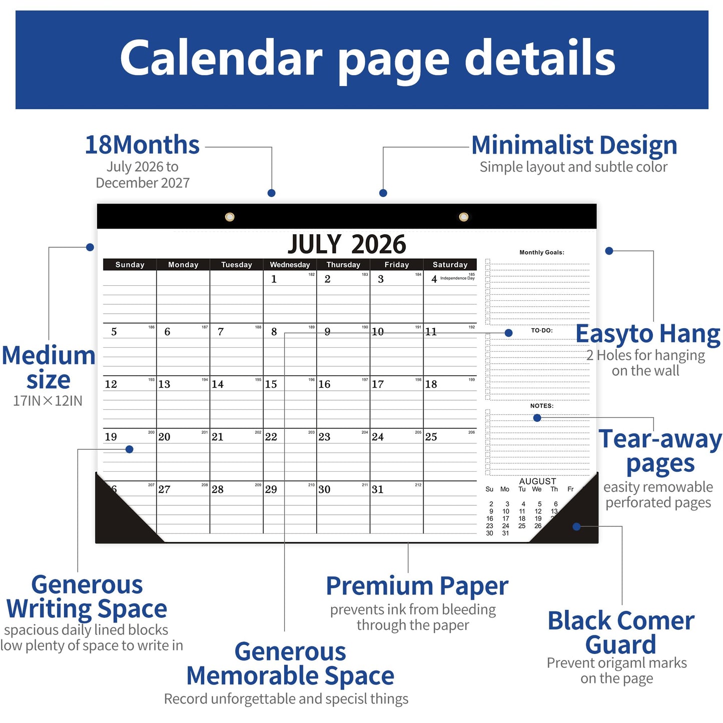 Desk Calendar 2026-2027,July 2026 to December 2027, Desk calendar 2026-2027 with to-do list,2027 Calendar 18 Months,Calendar 2026-2027-17" x 12" for Home or Office.