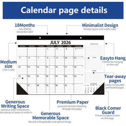 Desk Calendar 2026-2027,July 2026 to December 2027, Desk calendar 2026-2027 with to-do list,2027 Calendar 18 Months,Calendar 2026-2027-17" x 12" for Home or Office.