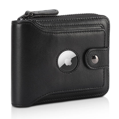 Polare Napa Leather Wallet for Men Bifold RFID Blocking Cash Credit Card Case with Air Tag Slot and YKK Zip Coin Pocket (Black with AirTag Slot)