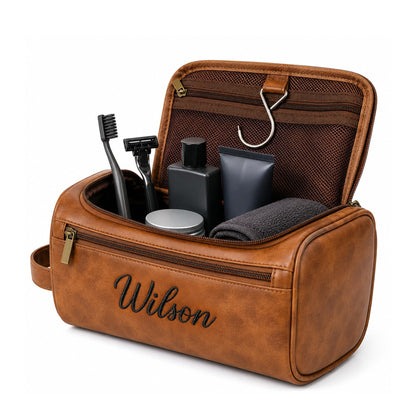 JAXVVIQEN Personalized Toiletry Bag for Papa, Custom Embroidery with Name Letter PU Leather Waterproof Toiletry Organizer Dopp Kit Travel Essential for Dad Grandpa Birthday Father's Day (Light Brown)