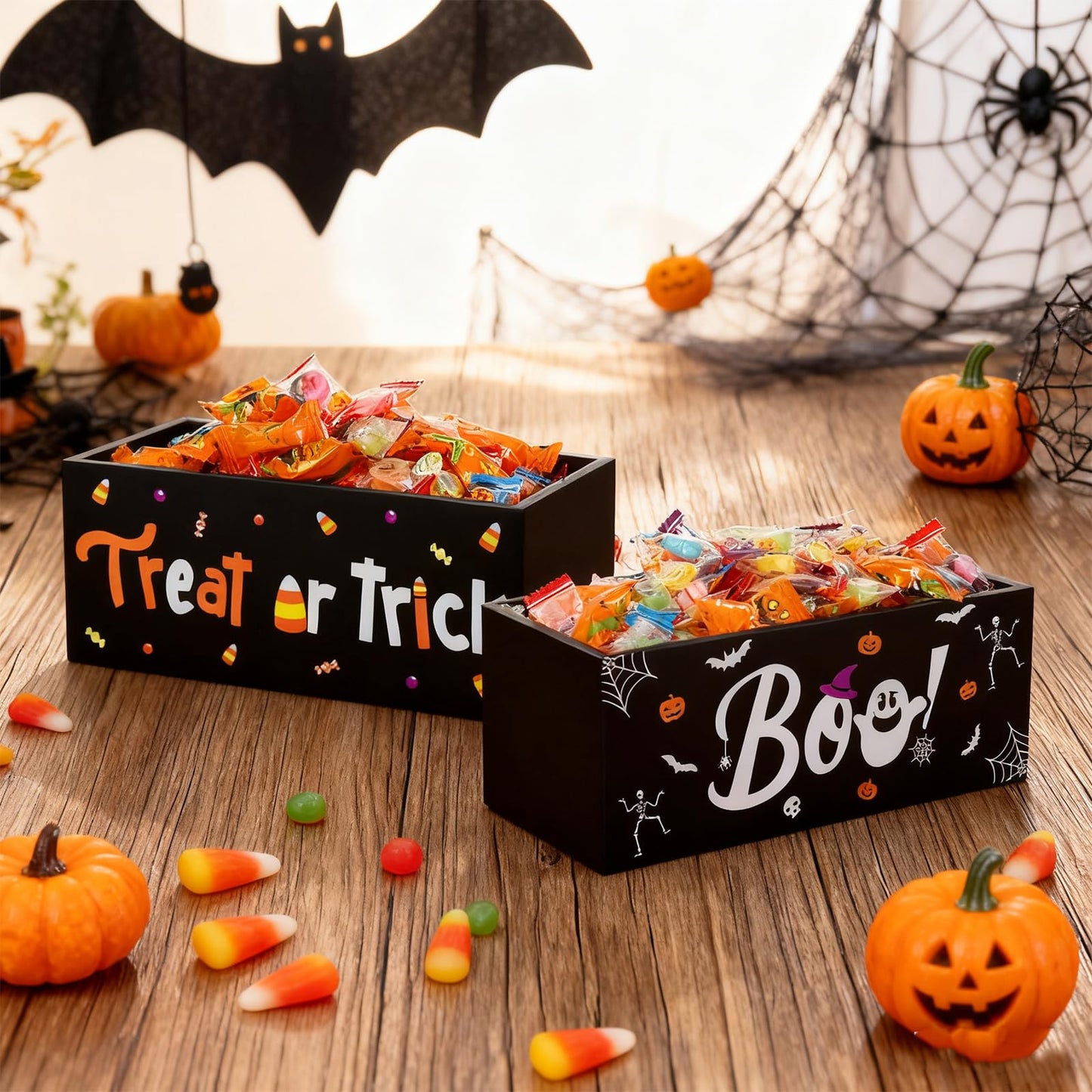 HFYZZ 2 PCS Halloween Candy Bowl Dish Trick or Treat Wooden Serving Bowl Holders Black Corn Spider Web Ghost Candy Serving Dish Tableware for Halloween Table Desk Haunted House Decoration
