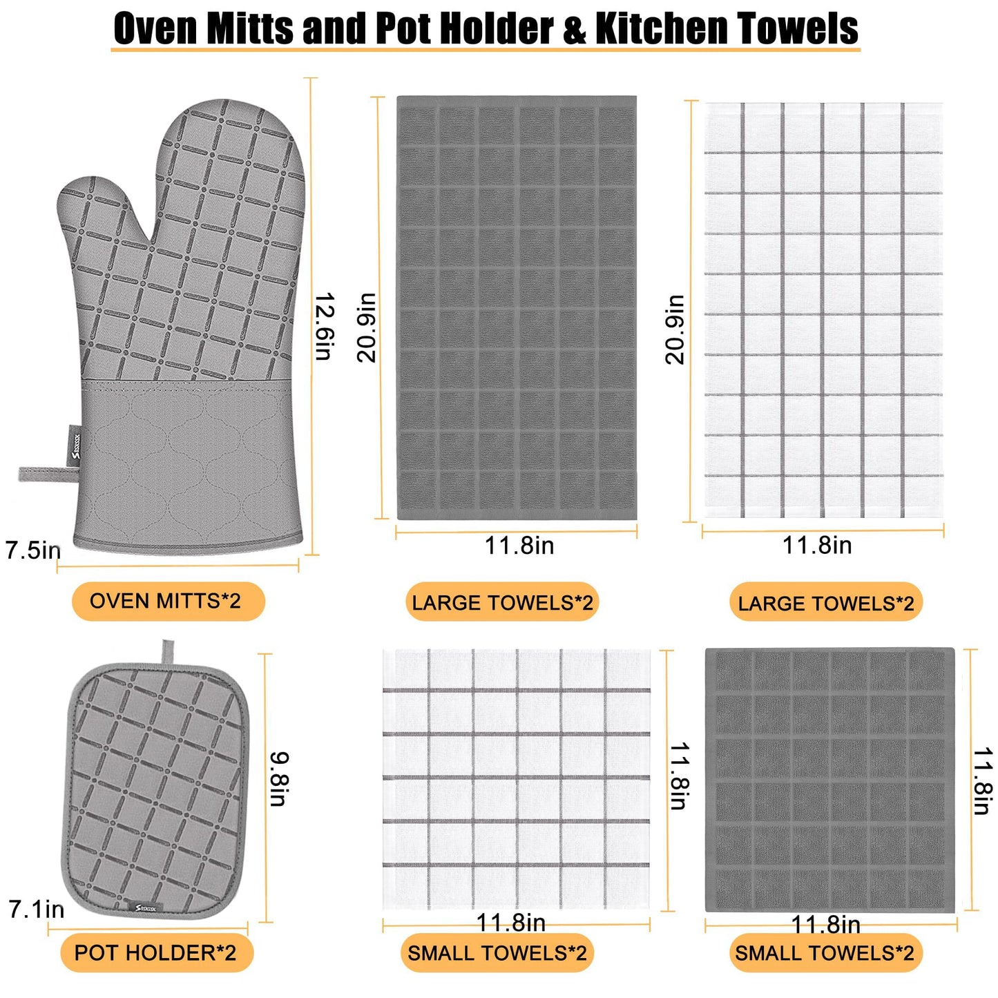 Oven Mitts Kitchen Towels and Dishcloths Pot Holders Sets, Oven Gloves Kitchen Dish Towels 500 Degree Heat Resistant Potholders with Non-Slip Silicone Surface for Cooking, Grilling, Baking-Gray