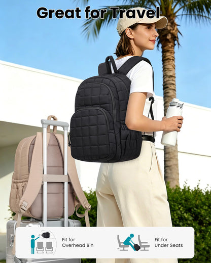 LIVUWERK Laptop Backpack for Women College Bookbag: 15.6 Inch School Backpacks for Teen Girls Quilted Back Pack for Students Womens Casual Work Computer Bag Water Resistant Travel Backpack (Black)