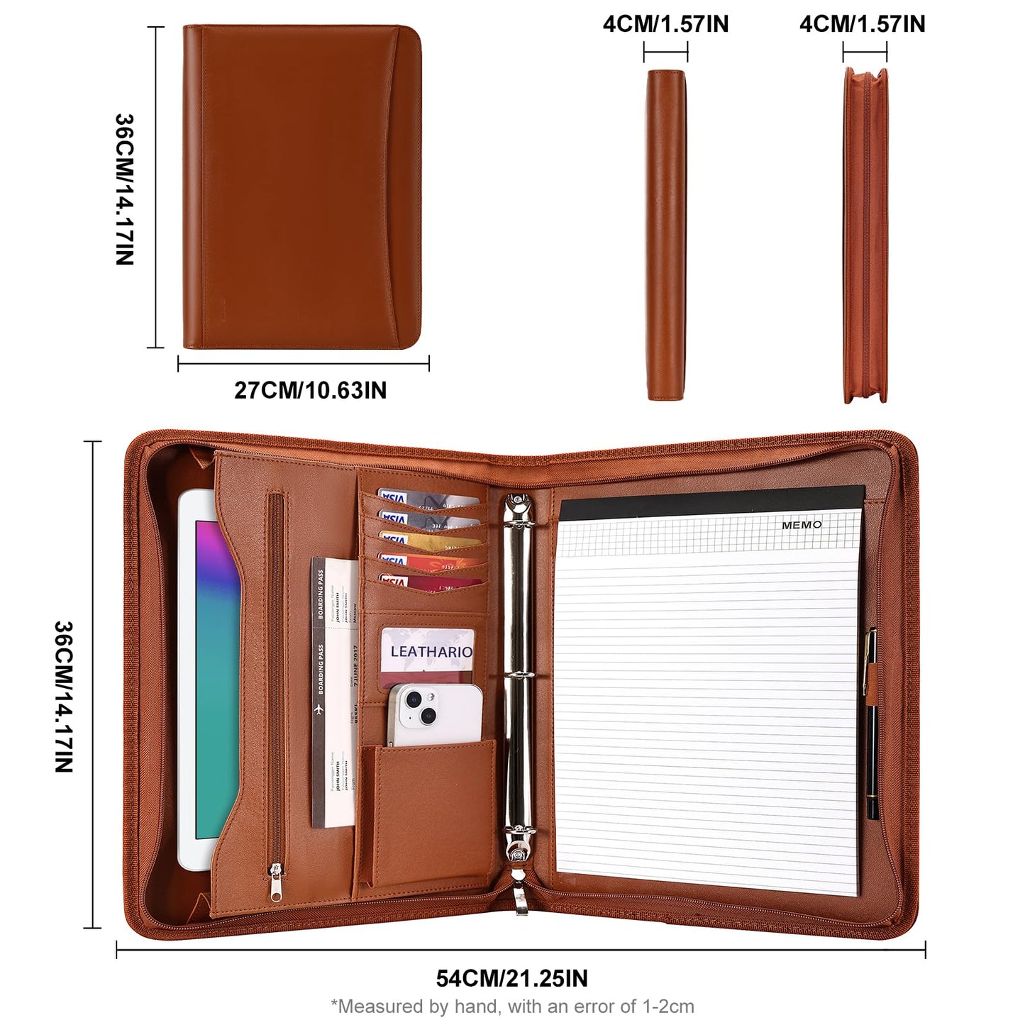 Leathario Portfolio Binder, Includes 10 Sheet Protectors and 3 Notepads, 3-Ring Folder Organizer, A4 Padfolio with Zipper, Vegan Leather Tablet Sleeve, Business Office Conference Clipboards