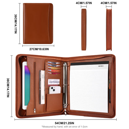Leathario Portfolio Binder, Includes 10 Sheet Protectors and 3 Notepads, 3-Ring Folder Organizer, A4 Padfolio with Zipper, Vegan Leather Tablet Sleeve, Business Office Conference Clipboards
