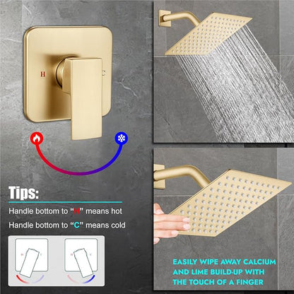 Heyalan Shower Faucet Set with Valve, Bathroom Rainfall Shower System, Wall Mount Single Handle Shower Trim Kit, Rainfall Fixed Shower Head, 8 Inch Square Shower Head,Brushed Gold
