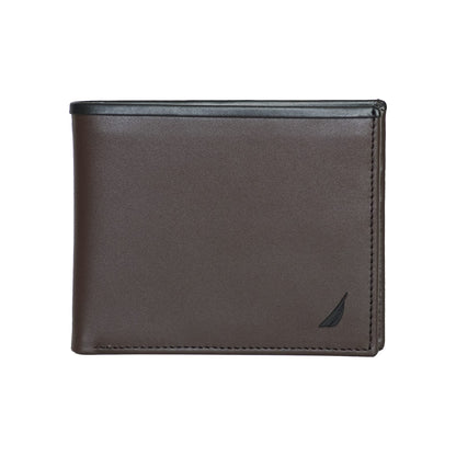 Nautica Men's Bifold Leather Wallet | RFID Blocking | ID Window | Card Slots | Organization | Durable | Stylish, Pop Color - Black/Brown