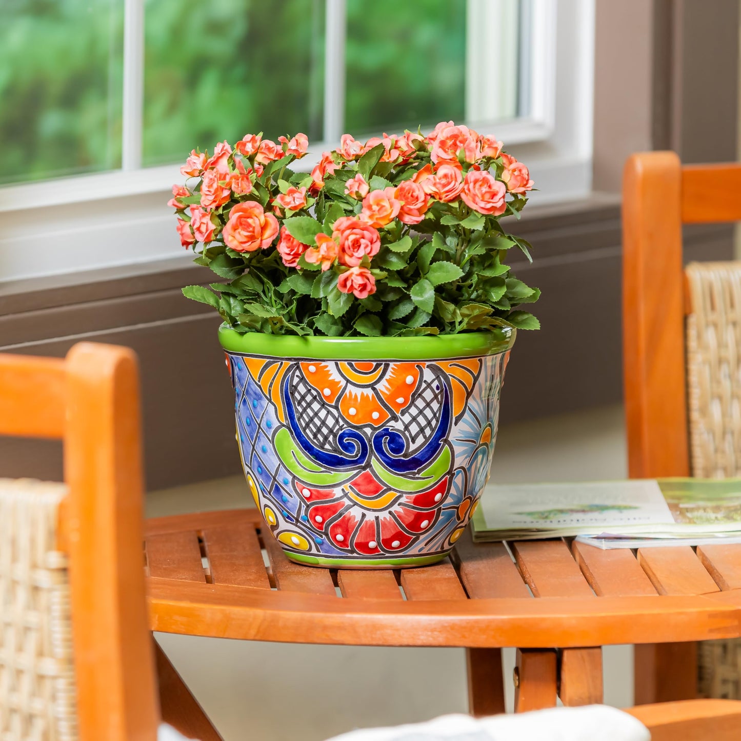 Evergreen 7 inch Talavera Mexican Pottery Ceramic Green Detailed Baul, Set of 2, Flower Pot Plant Succulent, Indoor Outdoor