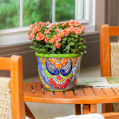 Evergreen 7 inch Talavera Mexican Pottery Ceramic Green Detailed Baul, Set of 2, Flower Pot Plant Succulent, Indoor Outdoor