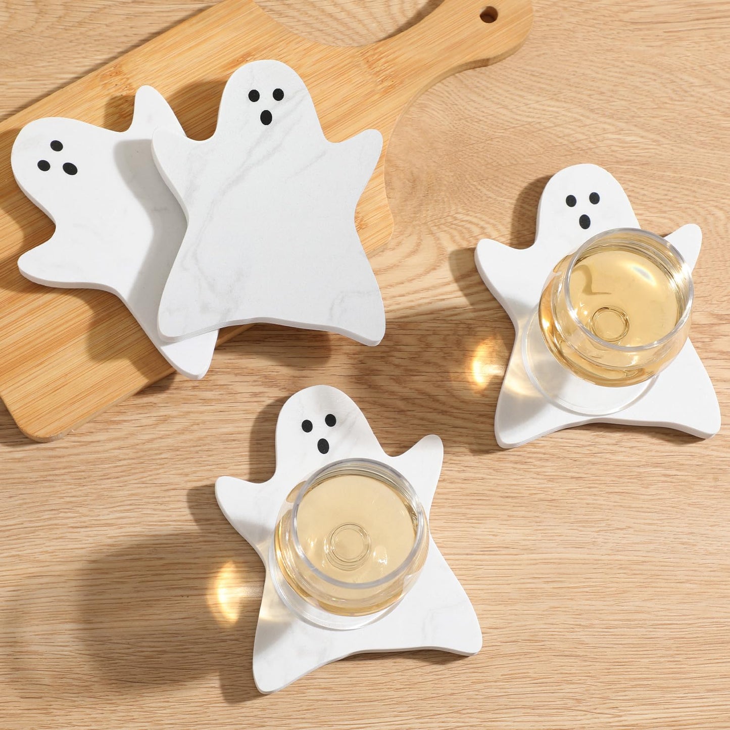 Acellegic 4pcs Marble Coasters Halloween Ghost Coasters 4.7 x 3.9 Inches for Drinks Beverage Boo Mug Cup Car Desk Party Decoration(Halloween Ghost,White)