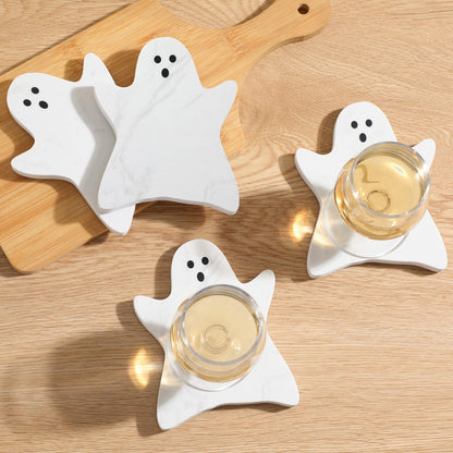 Acellegic 4pcs Marble Coasters Halloween Ghost Coasters 4.7 x 3.9 Inches for Drinks Beverage Boo Mug Cup Car Desk Party Decoration(Halloween Ghost,White)