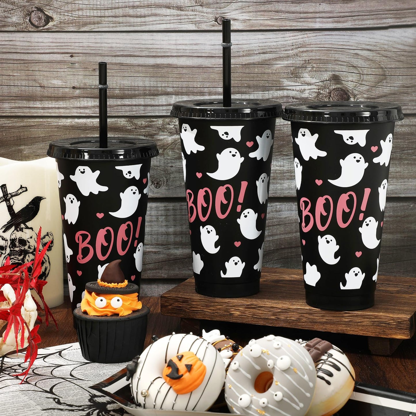 JarThenaAMCS 12Pcs Halloween Plastic Cups with Straw and Lid Cute Ghost Tumbler 24oz Boo Plastic Cups for Cold Drinks Halloween Decoration Party Favors