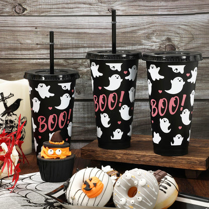 JarThenaAMCS 12Pcs Halloween Plastic Cups with Straw and Lid Cute Ghost Tumbler 24oz Boo Plastic Cups for Cold Drinks Halloween Decoration Party Favors
