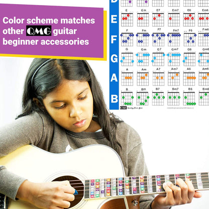 QMG Guitar Chord Poster (24"x30"), Educational Reference Guide for Beginners, 56 Color Coded Chords