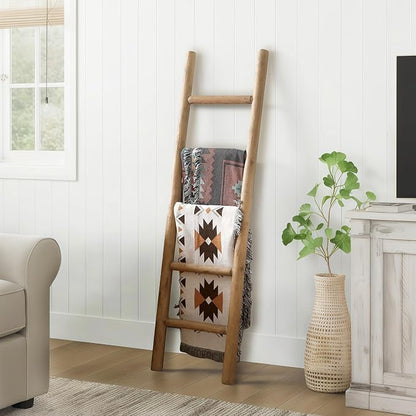 Wooden Blanket Ladder - 57in Natural Wood Color- Leaning Wall Decor for Bedroom, Bathroom, Living Room - Rustic Quilt Holder (Natural Wood Color, 57in | Knock Down)