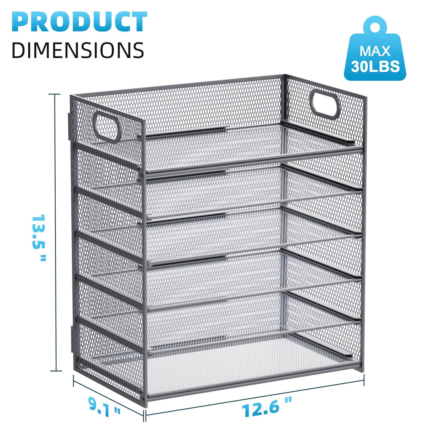 Marbrasse 6 Tier Paper Organizer Letter Tray - Mesh Desk File Organizer with Handle, Paper Sorter for Letter/A4 Office File Folder Holder - Grey