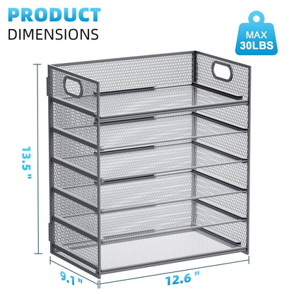 Marbrasse 6 Tier Paper Organizer Letter Tray - Mesh Desk File Organizer with Handle, Paper Sorter for Letter/A4 Office File Folder Holder - Grey