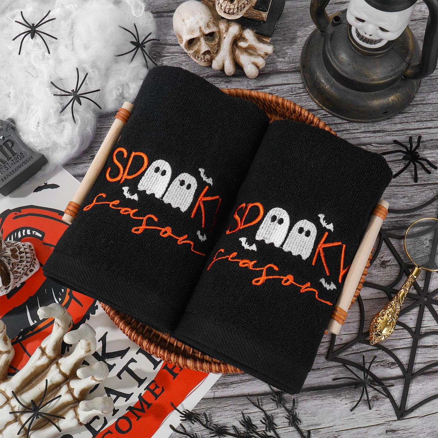 JarThenaAMCS 2Pcs Halloween Hand Towels Spooky Season Ghost Embroidered Cotton Bathroom Towel Soft Absorbent Decorative Dish Towels for Holiday Drying Cleaning Cooking