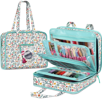 FINPAC Sewing and Craft Supplies Storage Tote, Large Capacity Travel Packing Organizer Bag with Clear Pockets and Handle for Knitting, Crochet, Art, Sewing Accessories (Spring Bloom)