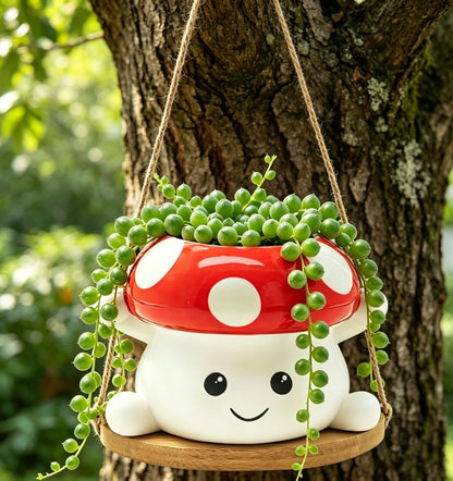 MAKGEWI Mushroom Swing Hanging Planter, Cute Ceramic Face Planter for Indoor & Outdoor, Whimsical Decor for Succulents & String of Pearls, Small Hanging Pot for Home Garden