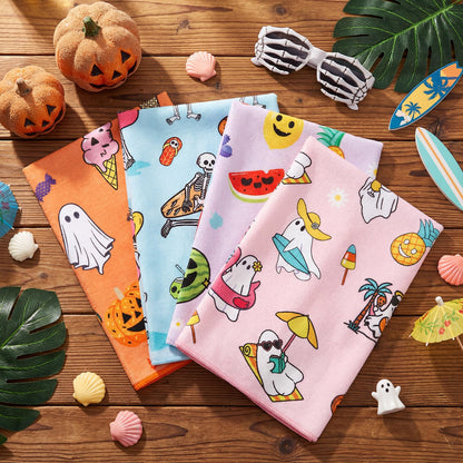 Frienda 4 Pcs Summer Halloween Kitchen Towels Funny Skull Ghost Hand Towels Jack-o-Lantern Fruit Ice-Cream Boo Dish Washcloth for Summer Halloween Bathroom Kitchen Home Decoration Gifts