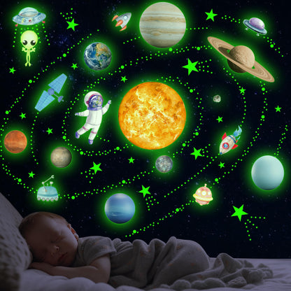 Glow in The Dark Stars Solar System Wall Decals, Star and Planets Stickers for Ceiling, Wall Sticker Decor for Kids Boys Room (Green)