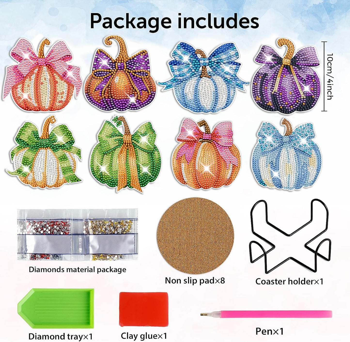 8 Pcs DIY Thanksgiving Pumpkin Diamond Art Coasters for Adult Beginners