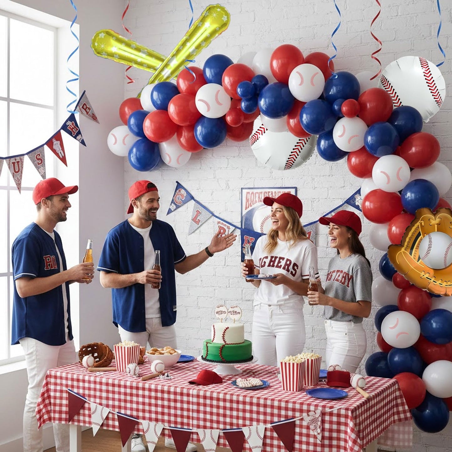 Baseball Balloon Arch Kit, Navy Blue Red White Balloon Garland with Baseball Print Baseball Bat and Glove Foil Balloons, for Rookie Year Baseball Birthday Party Decorations