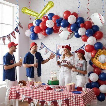 Baseball Balloon Arch Kit, Navy Blue Red White Balloon Garland with Baseball Print Baseball Bat and Glove Foil Balloons, for Rookie Year Baseball Birthday Party Decorations