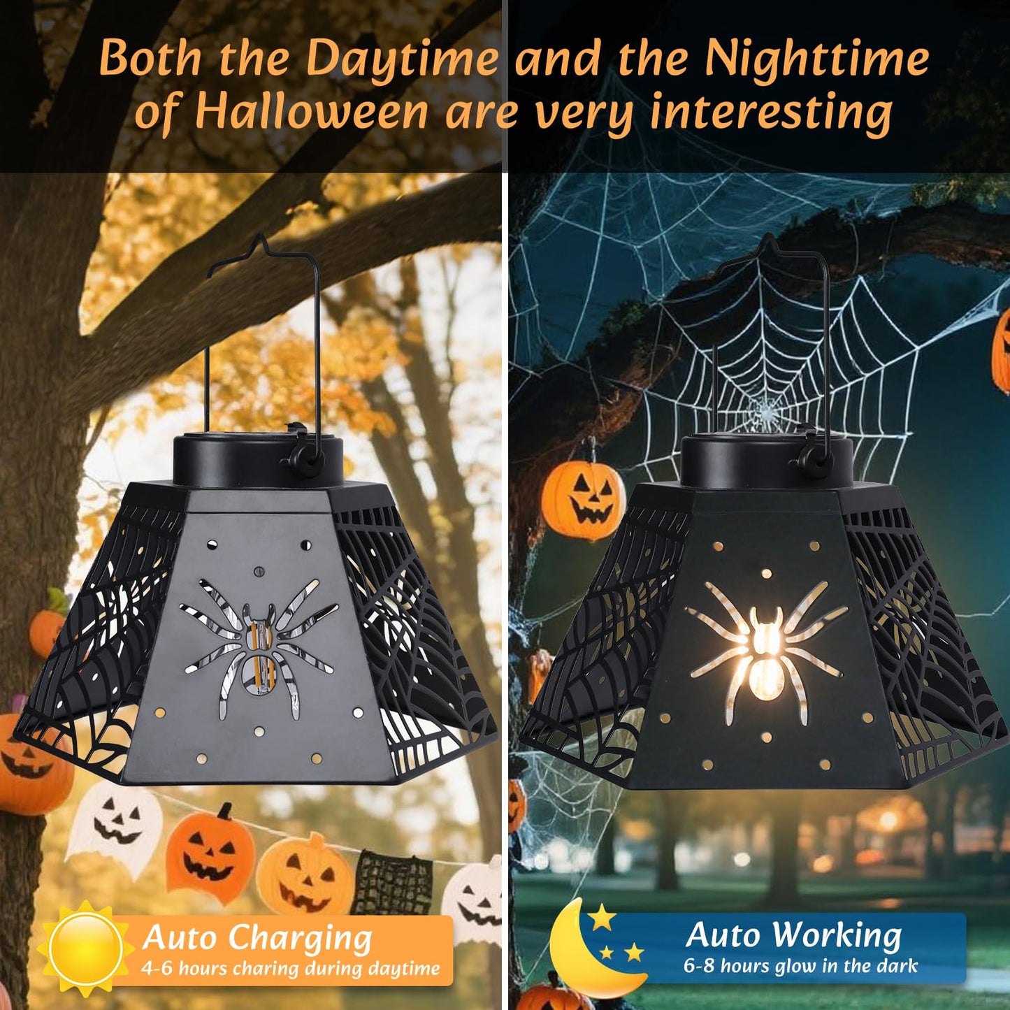 WONDER GARDEN Halloween Lantern Lights, 2 Pack Solar Hanging Spider Wed Lights, Metal Decorative Light for Outdoor Porch Yard Garden Tree Decor
