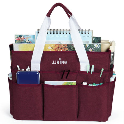 JJRING Craft Organizer Tote Bag, Large Art Storage Caddy with Multiple Pockets, Dark Red Sewing Bag for Art, Craft, Scrapbooking, Medical, and Office Supplies Storage