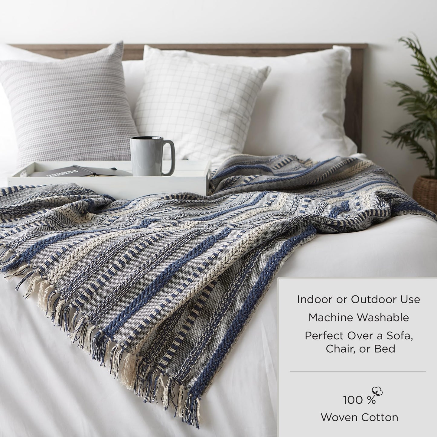 DII Modern Zig Zag Throw Blanket Woven Cotton, Hand-Knotted 2.5" Fringe, 50x60, Natural