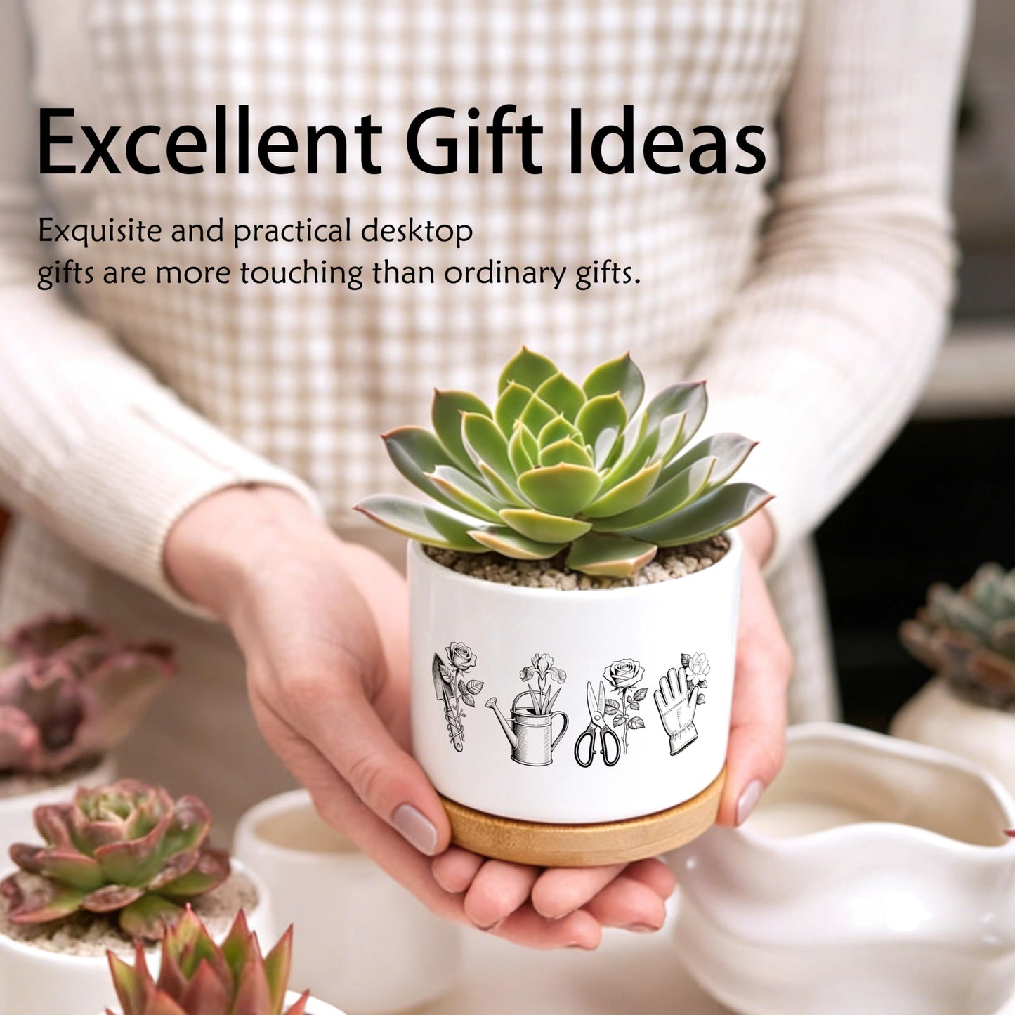 EVIHCG Gardening Gifts Planter Pots, Gardener Gifts for Women Mom Grandma, Gardening Lovers Ceramic Succulent Plant Flower Planters for Home Office Desk Table Shelf(No Plants)