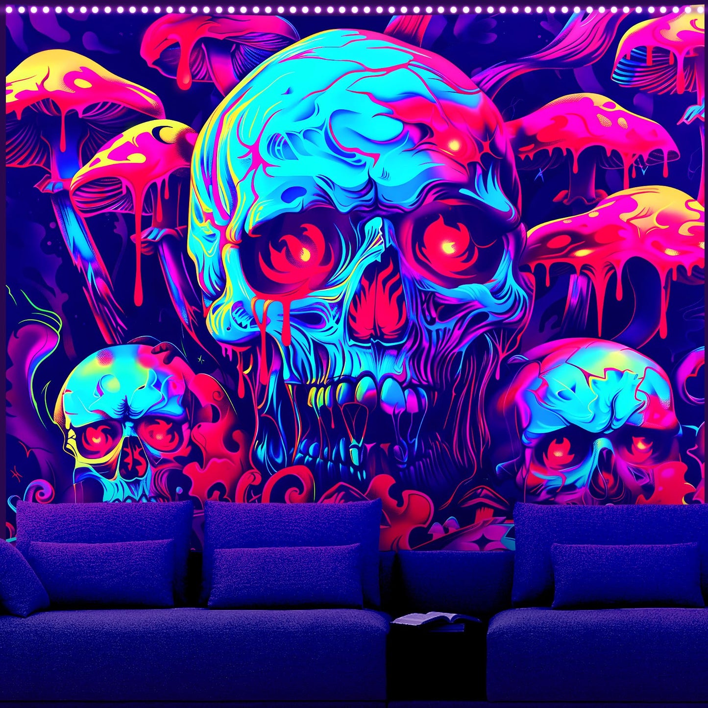 AOHMPT Blacklight Skeleton Tapestry - 79x59in UV Reactive Halloween Tapestry, Neon Melting Skulls Psychedelic Mushroom Wall Hanging, Trippy Glow in The Dark Aesthetic Room Decor for Bedroom