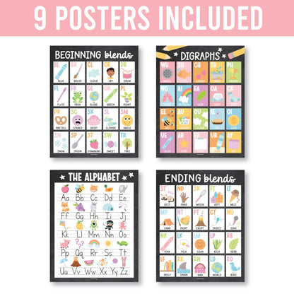 Hadley Designs Phonics Posters for Classroom Must Haves - 9 Sound Wall for Kindergarten & Elementary Teacher Supplies, Syllable, Vowels, Digraphs & Blends Bulletin Board Set, Chalkboard Classrom Decor
