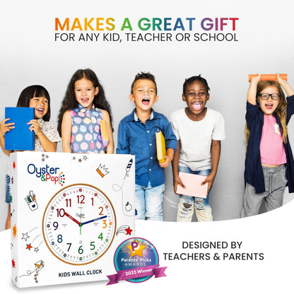 Oyster&Pop Kids Clock - Silent 10" Analog Clock, Learning Wall Clocks - Award-Winning Telling Time Teaching Clock for Kids - Bedrooms Homeschool & Classrooms - Includes eBook