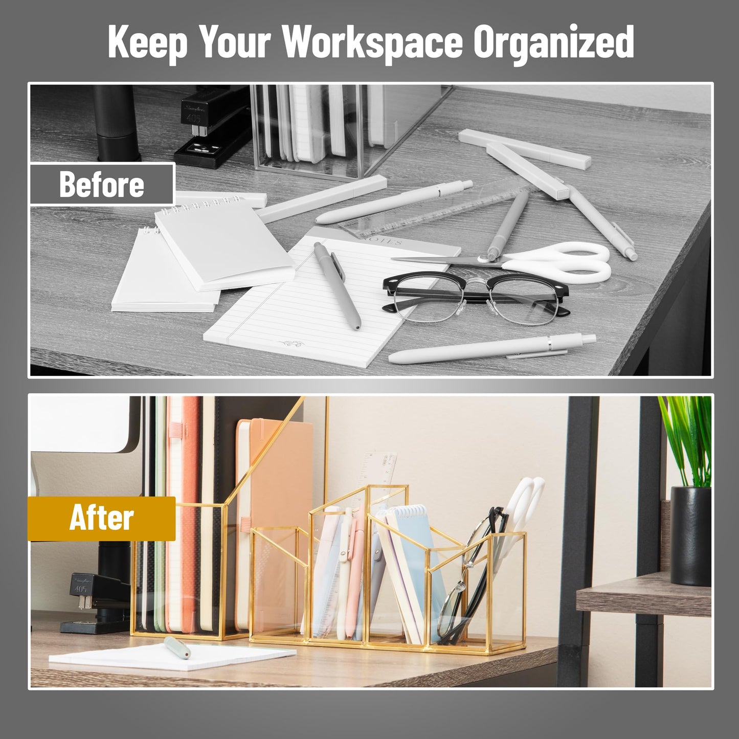 Mind Reader 4-Compartment Angled Glass Pen Holder with Copper Trim, Desktop Organizer for Office Supplies & Accessories, Glass and Copper, Clear