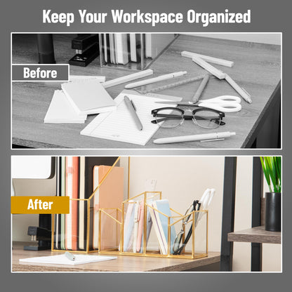 Mind Reader 4-Compartment Angled Glass Pen Holder with Copper Trim, Desktop Organizer for Office Supplies & Accessories, Glass and Copper, Clear