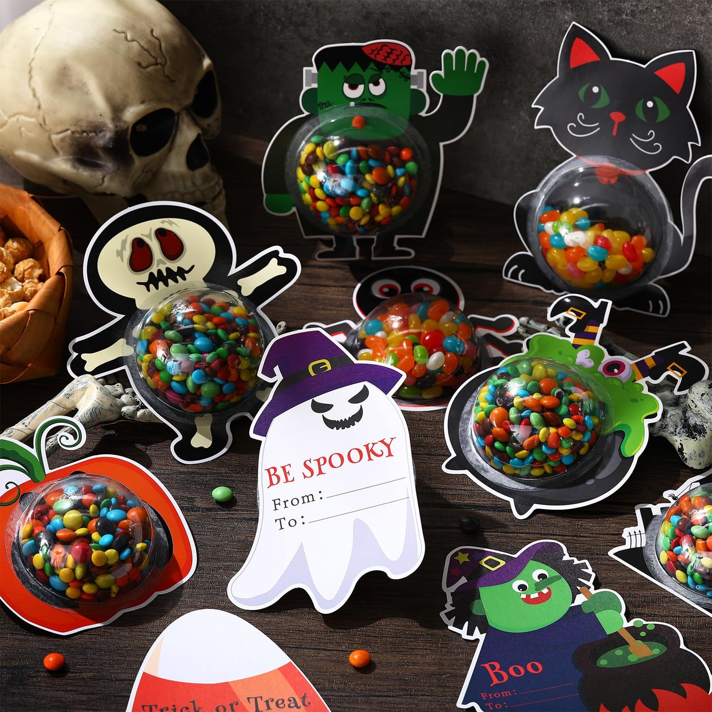 Sinload 48 Set Candy Holder with Dome Shaker DIY Greeting Cards Round Adhesive Shaker Pouches for Home Family Rewards Exchange Gifts Winter Party Favors (Halloween)