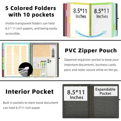 Ospelelf Foldable Spiral Clipboard Folio with Storage Zipper Pouch, 5 Plastic Folders with 10 Pockets,Refillable Lined Notepad (11" x 8.5"), Hardcover Project Organizer with 39 Stickers (Dark Grey)
