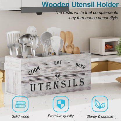 ZUJJAFY Utensil Holder for Kitchen Counter, Large Kitchen Utensil Holder for Countertop with 4 Compartments, Wooden Cooking Utensil Organizer for Spatula Storage, White