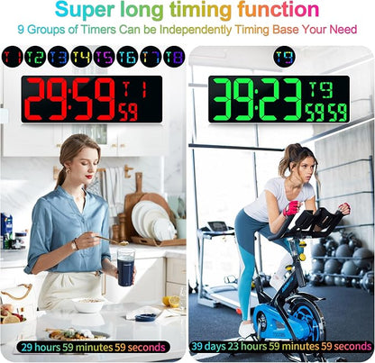 17.2" Large Digital Wall Clock 10 RGB Colors 9 Group Timer Remote Control | Large Display for Living Room Classroom Garage LED Wall Clock with Temperature Date Week Auto DST Gift for Senior Mom Dad
