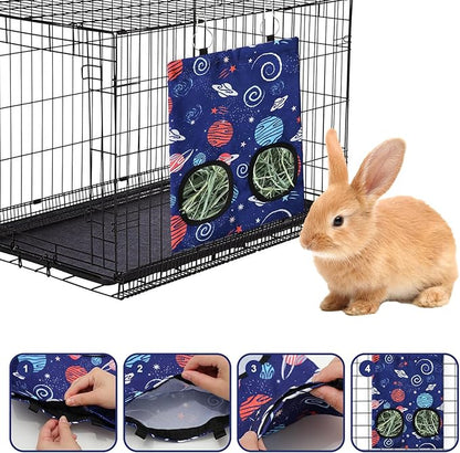 JarThenaAMCS 2 Pcs Rabbit Hay Feeder Bag with 2 Holes Guinea Pig Hanging Hay Feeding Bag Blue Galaxy Storage Dispenser for Chinchilla Hamster Bunny Small Animal Pet, 11.5 x 9 Inch