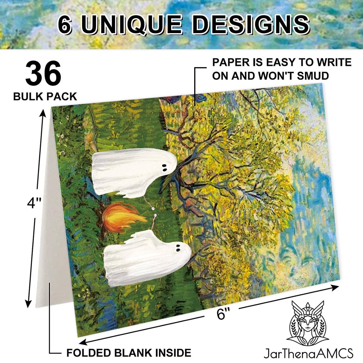 JarThenaAMCS 36 Pcs Halloween Greeting Cards Van Gogh Ghost Blank Note Cards with Envelope Stickers for Party Invitations, 4 x 6 Inch
