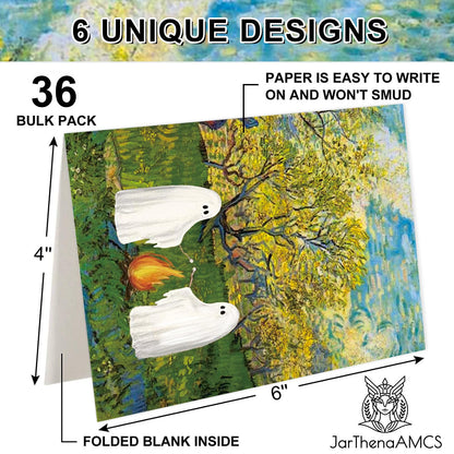 JarThenaAMCS 36 Pcs Halloween Greeting Cards Van Gogh Ghost Blank Note Cards with Envelope Stickers for Party Invitations, 4 x 6 Inch