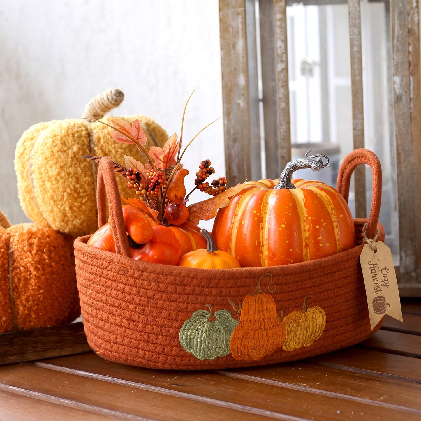 Vesici Pumpkin Toilet Paper Basket Boho Woven Cotton Rope Bathroom Countertop Organizer with Handle Orange Halloween Pumpkin Bathroom Storage Decor for Fall Halloween Bedroom Nursery, 13 x 6 x 4 Inch