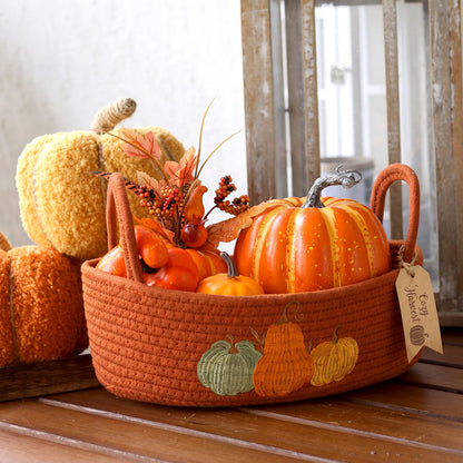 Vesici Pumpkin Toilet Paper Basket Boho Woven Cotton Rope Bathroom Countertop Organizer with Handle Orange Halloween Pumpkin Bathroom Storage Decor for Fall Halloween Bedroom Nursery, 13 x 6 x 4 Inch