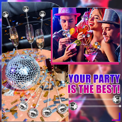 Sawysine 48 Pcs Disco Party Decorations Disco Ball Cocktail Stirrers 8 Inch Silver Mirror Ball Stir Sticks Beverage Coffee Drink Stirrer for 70s 80s Bachelorette Wedding Birthday Party(Silver)