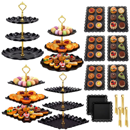 Remerry 16 Pcs Dessert Table Display Set 3 Tier Cupcake Stands Tower Holder Plastic Cookie Serving Trays Gold Serving Tongs for Tea Party Wedding Baby Shower Birthday Table Display(Black)