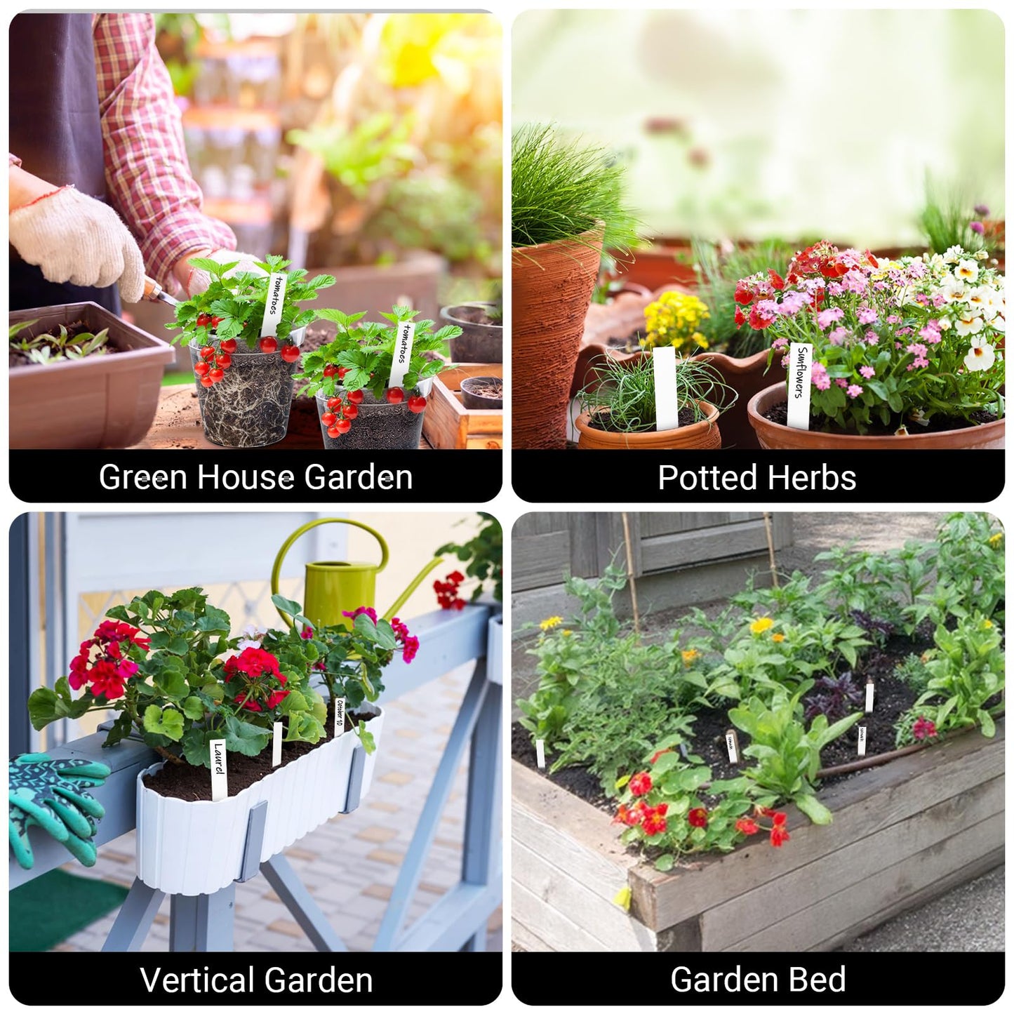 GREANER Window Boxes Planters with 4inch White Plant Label, 3PCS 16x3.8 Inch Black Rectangle Planters Box with Drainage Holes and Trays, Herb Succulents Flowers Plastic Pot for Windowsill, Garden, Bal